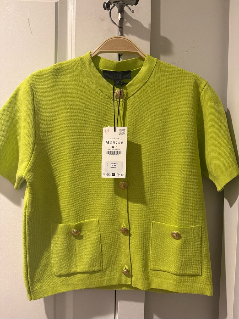 NWT! Zara Short-Sleeve Gold Button Cardigan in Lime Green